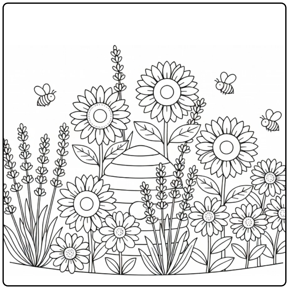 Flower garden coloring page showing sunflowers, lavender, and bees