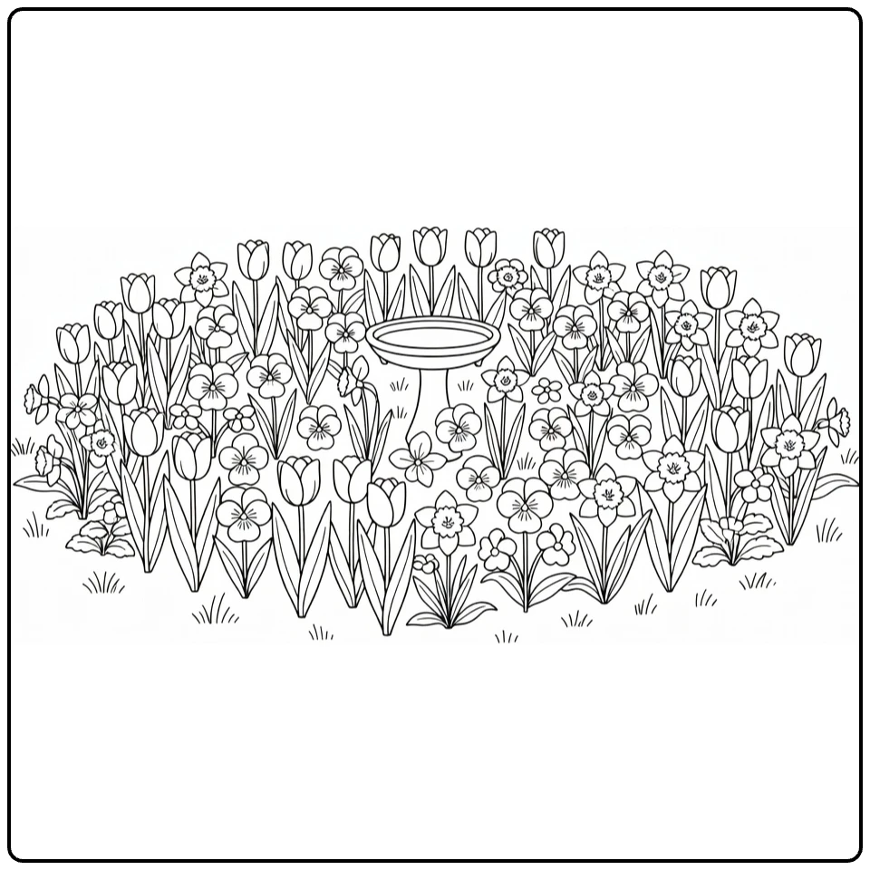 Flower garden coloring page showing spring flowers around a birdbath