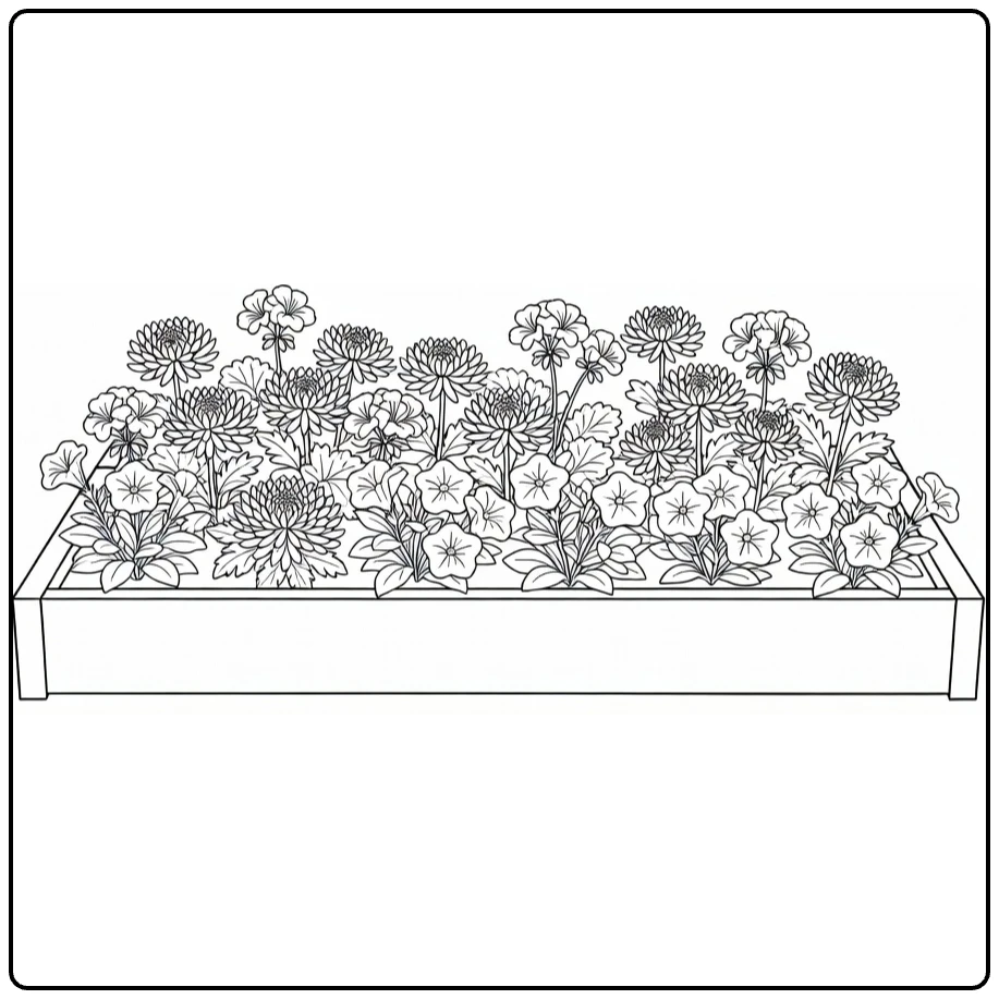Flower garden coloring page featuring a raised bed of mixed flowers