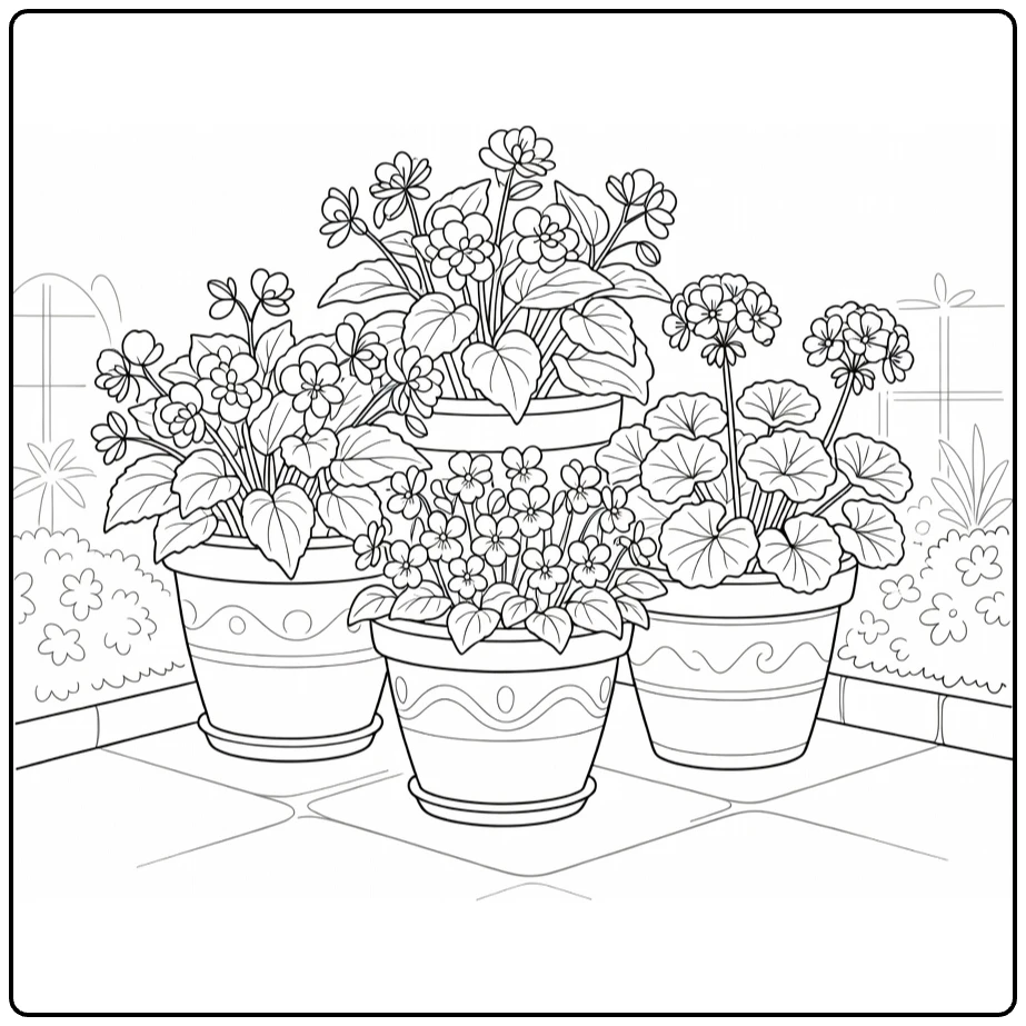 Patio flower garden coloring page with three pots of blooming plants