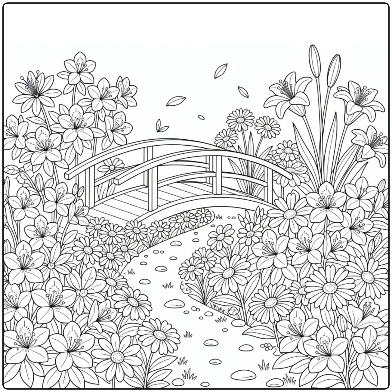 Flower garden coloring page showing a bridge over a winding floral path