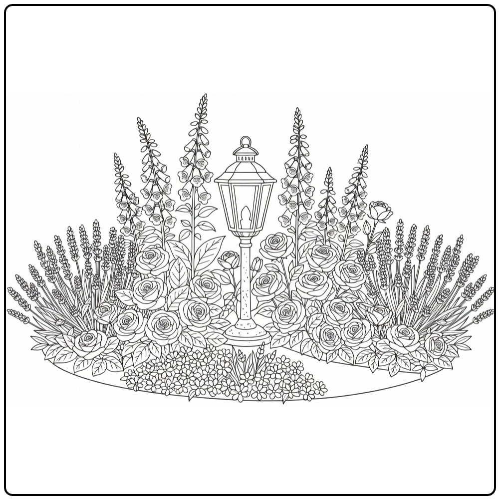 Flower garden coloring page featuring a vintage lantern among flowers