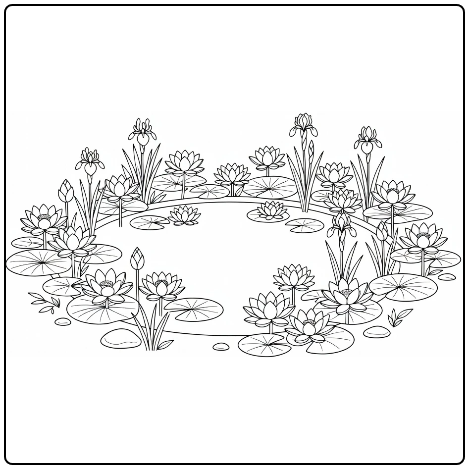 Flower garden coloring page showing a pond bordered by aquatic blooms