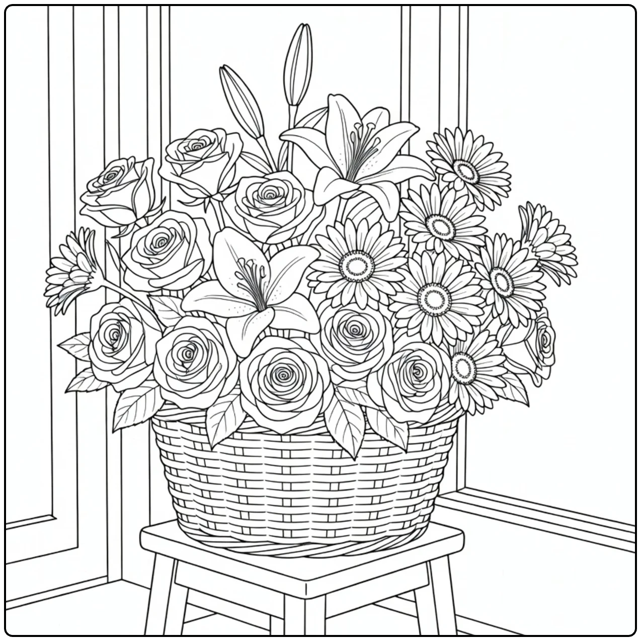 Flower shop coloring page showing a full flower basket on a stool