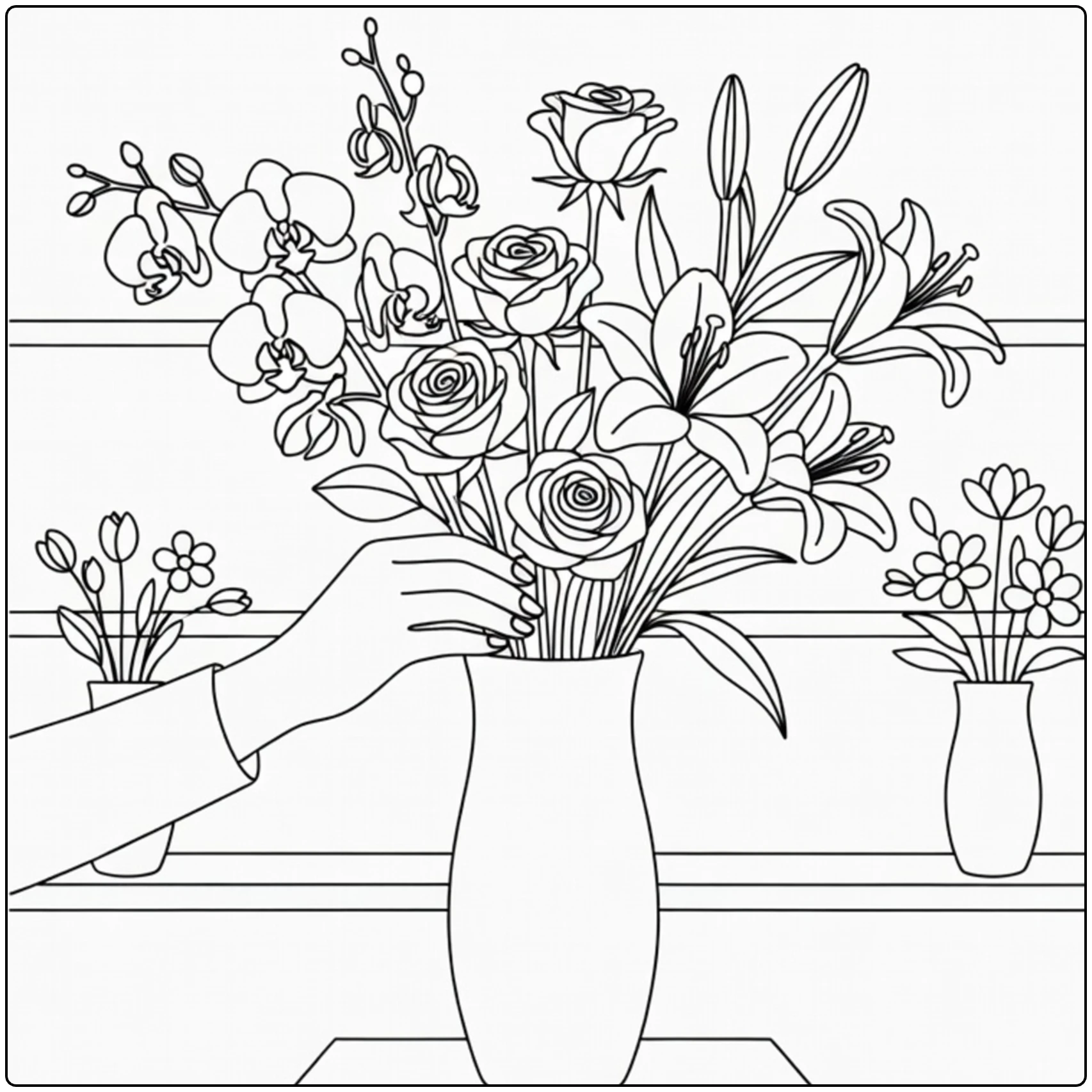 Flower shop coloring page showing flowers being arranged in a vase
