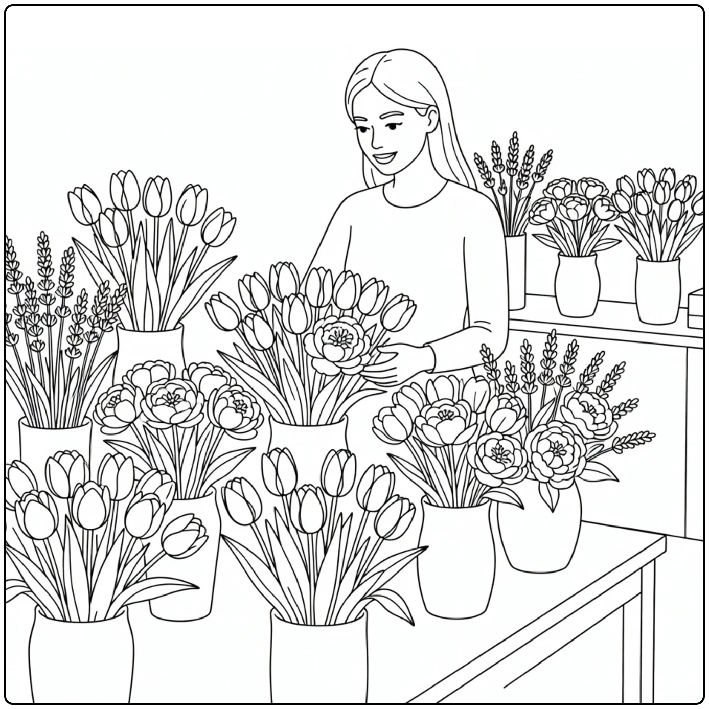 Flower shop coloring page showing a customer selecting fresh flowers