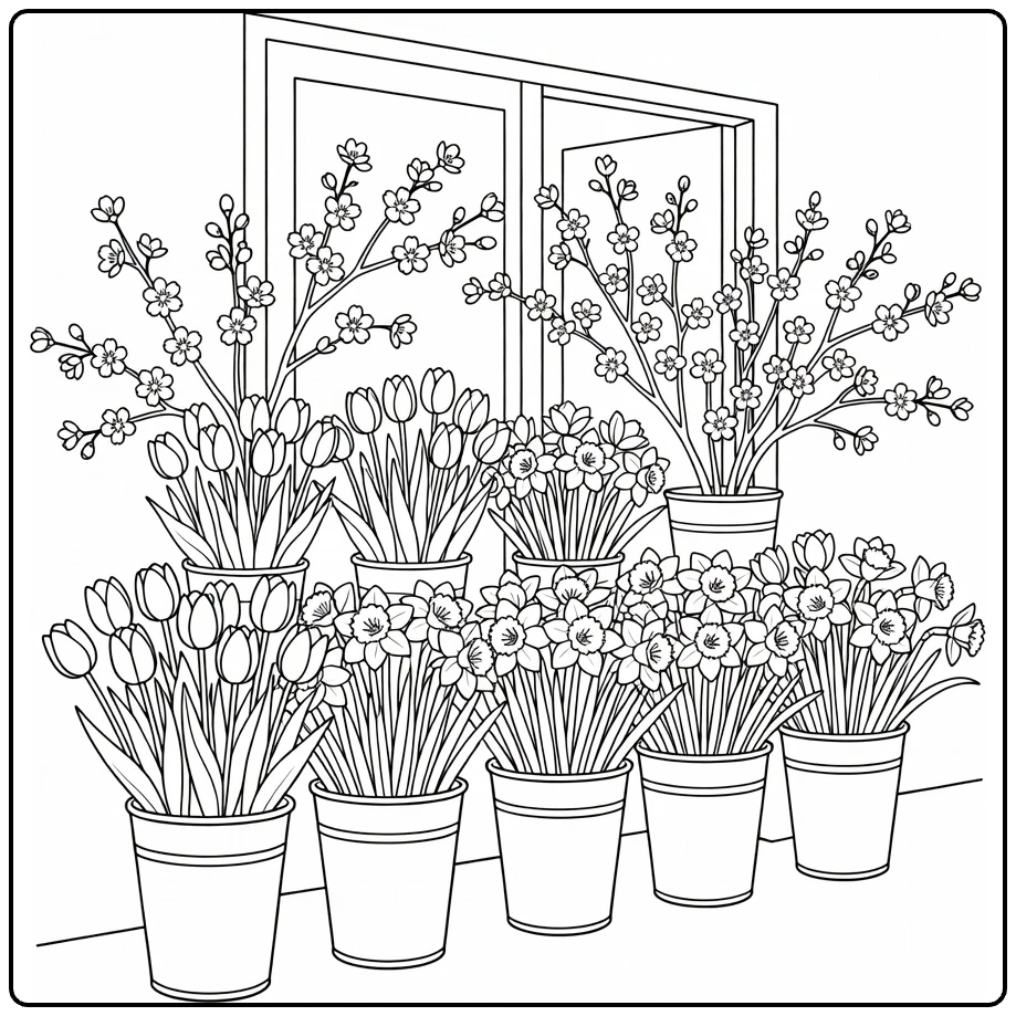 Flower shop coloring page featuring spring flower pots near a doorway