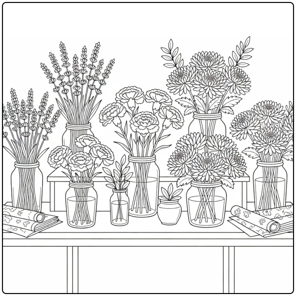 Flower shop coloring page featuring jars of flowers on a display counter