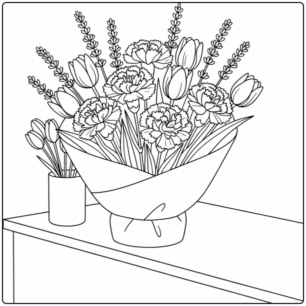 Flower shop coloring page featuring a wrapped bouquet on the counter