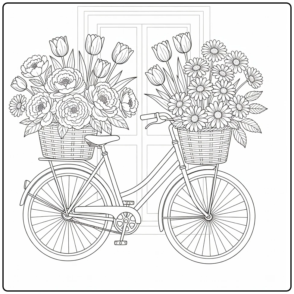 Flower shop coloring page featuring a bicycle with flower baskets