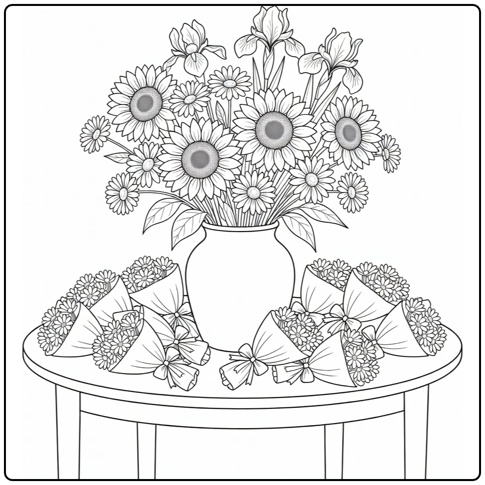 Flower shop coloring page showing a round table full of flowers