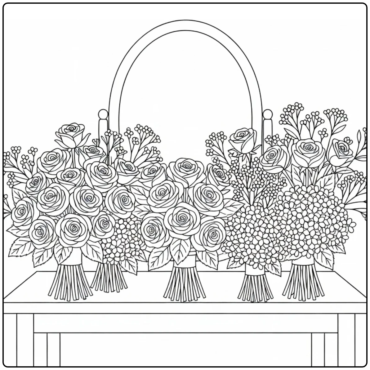 Flower shop coloring page featuring bridal bouquets arranged on a counter