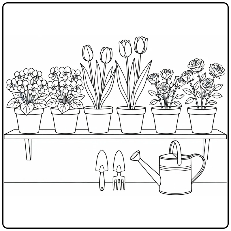 Flower shop coloring page featuring potted flowers and gardening tools