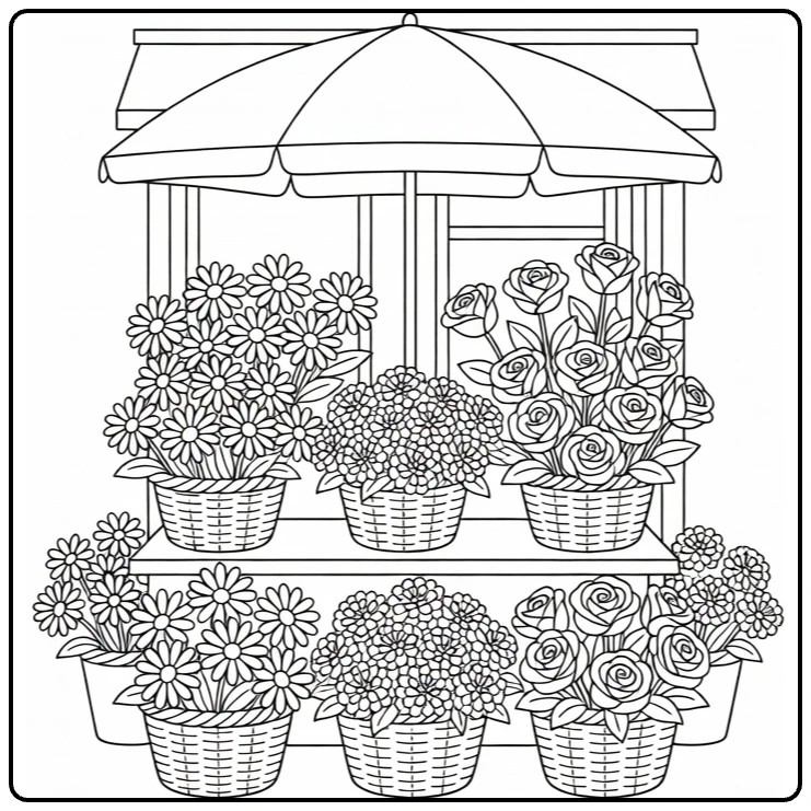 Flower shop coloring page showing a market flower stand under an umbrella