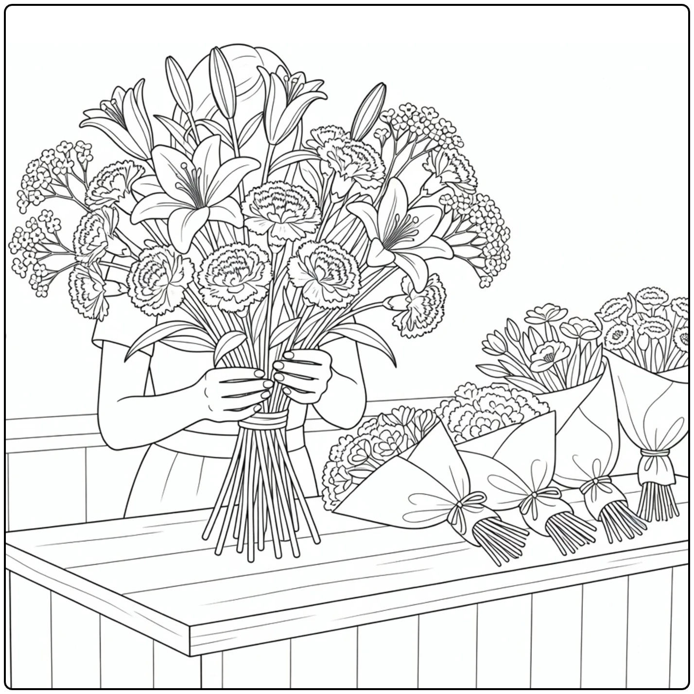 Flower shop coloring page showing a florist making a bouquet