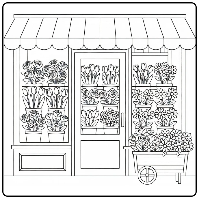 Flower shop coloring page showing a storefront filled with flowers