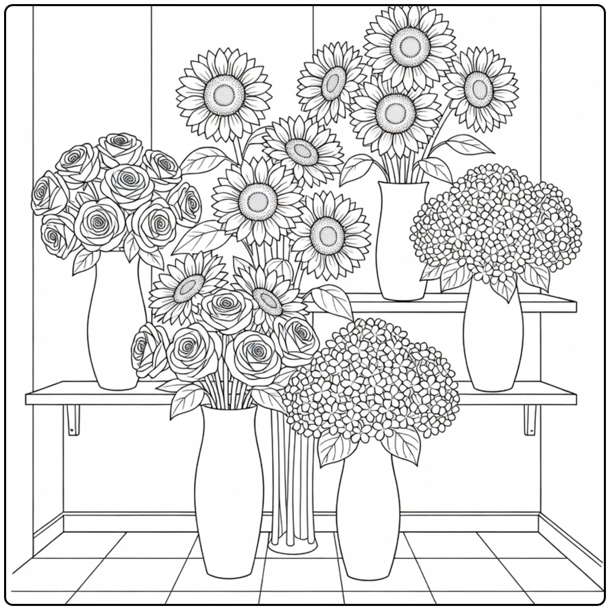 Flower shop coloring page featuring a corner display of large bouquets