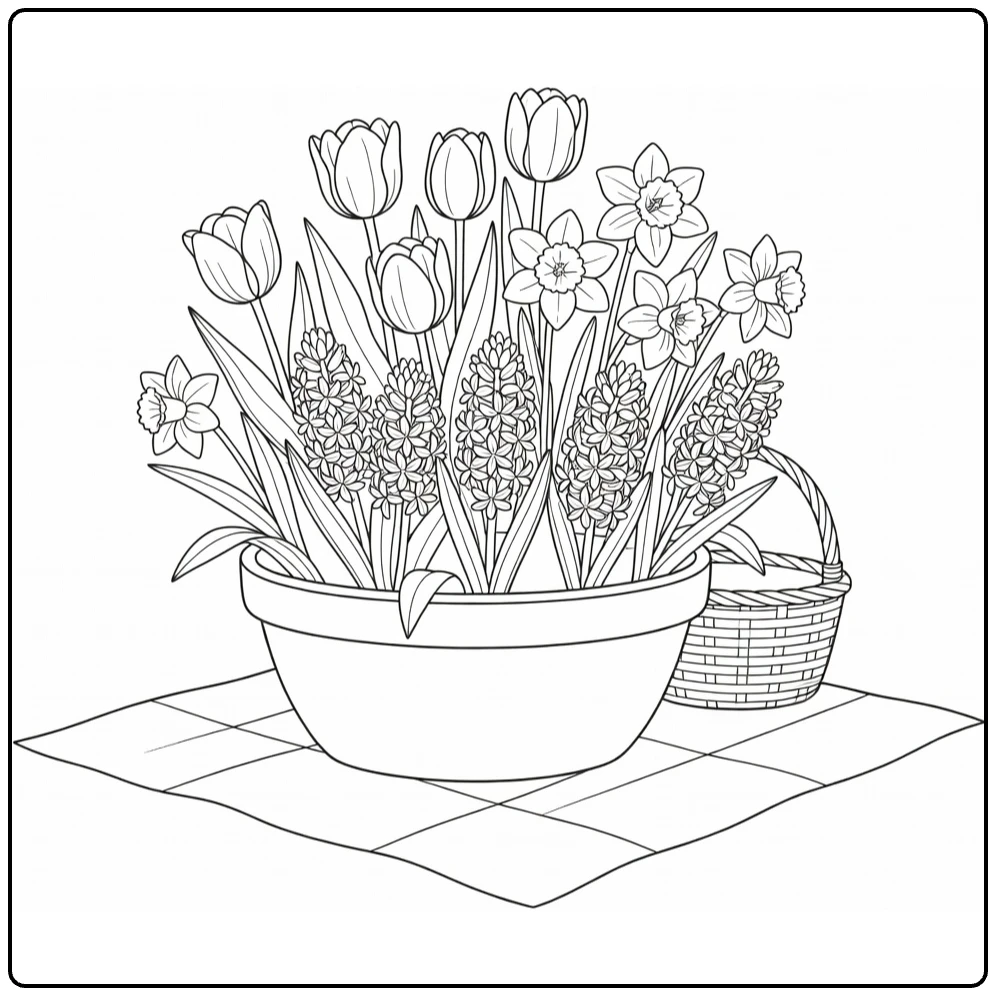 Flower pot coloring page featuring tulips, daffodils, and hyacinths on a blanket