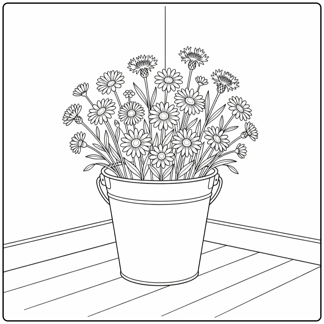 Flower pot coloring page showing a bucket full of wildflowers