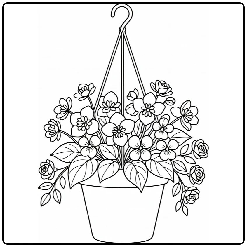 Flower pot coloring page showing a hanging pot with begonias, pansies, and roses
