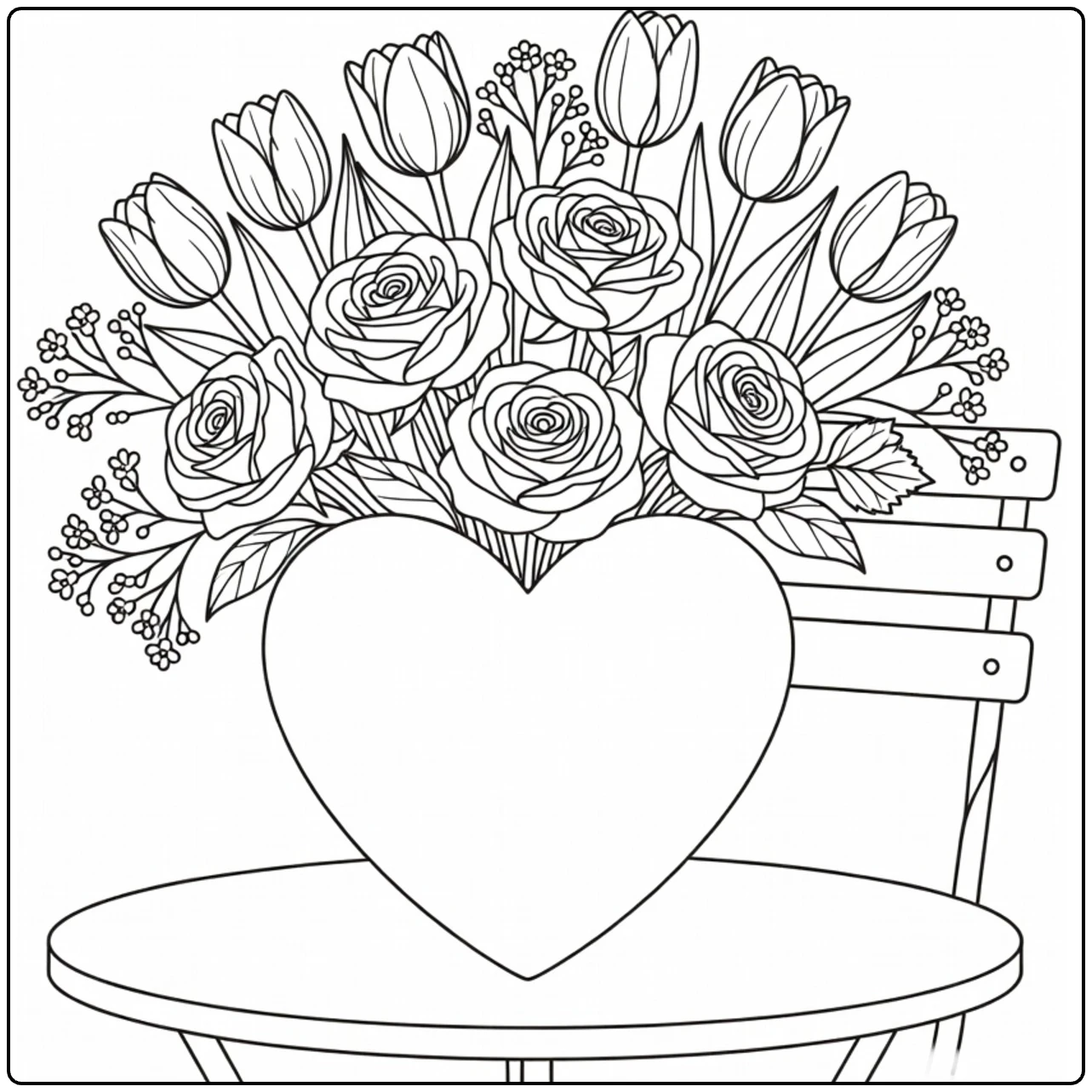 Flower pot coloring page featuring a heart-shaped pot with roses and tulips