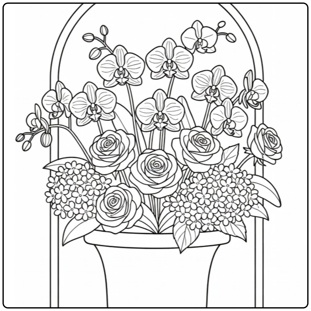 Flower pot coloring page featuring an urn with orchids, roses, and hydrangeas