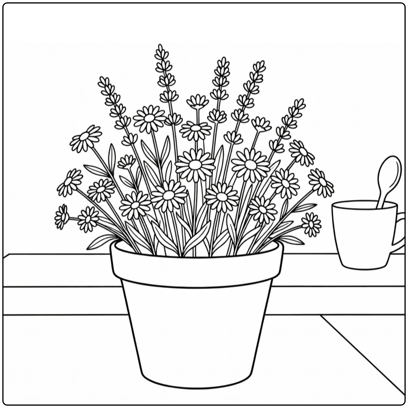 Flower pot coloring page showing chamomile, lavender, and daisies on a counter