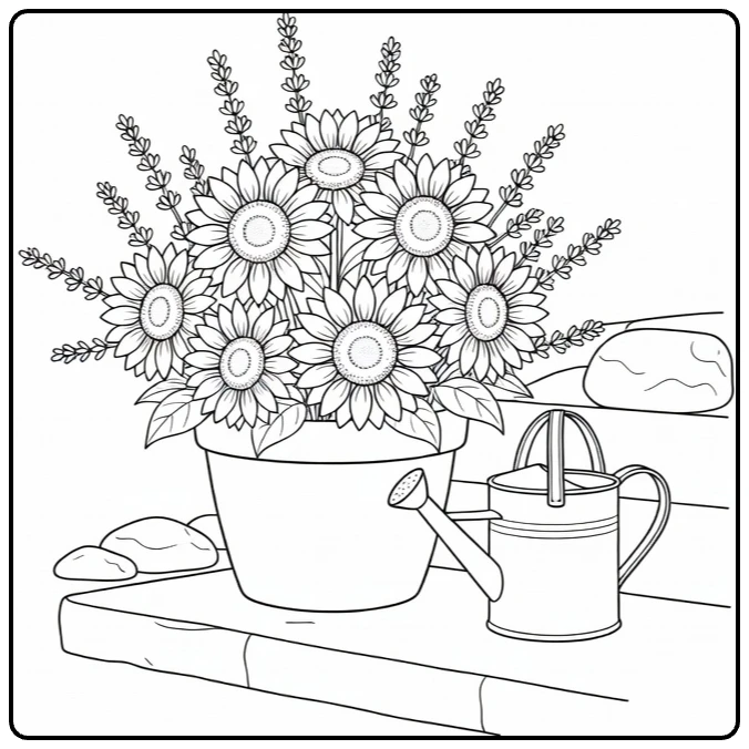 Flower pot coloring page featuring sunflowers and lavender on steps