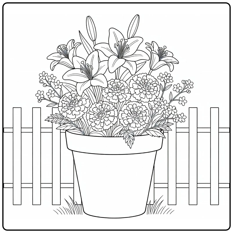 Flower pot coloring page featuring lilies and marigolds near a garden fence
