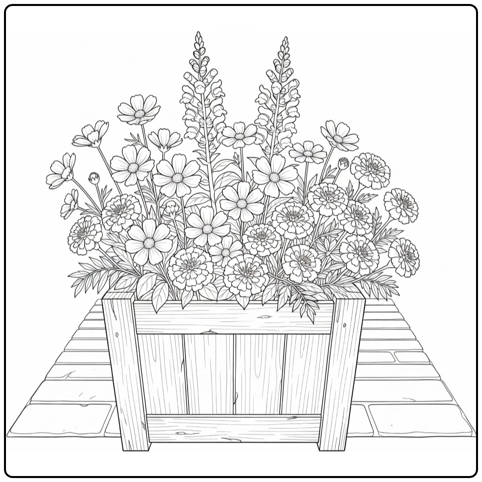 Flower pot coloring page featuring a wooden planter filled with flowers