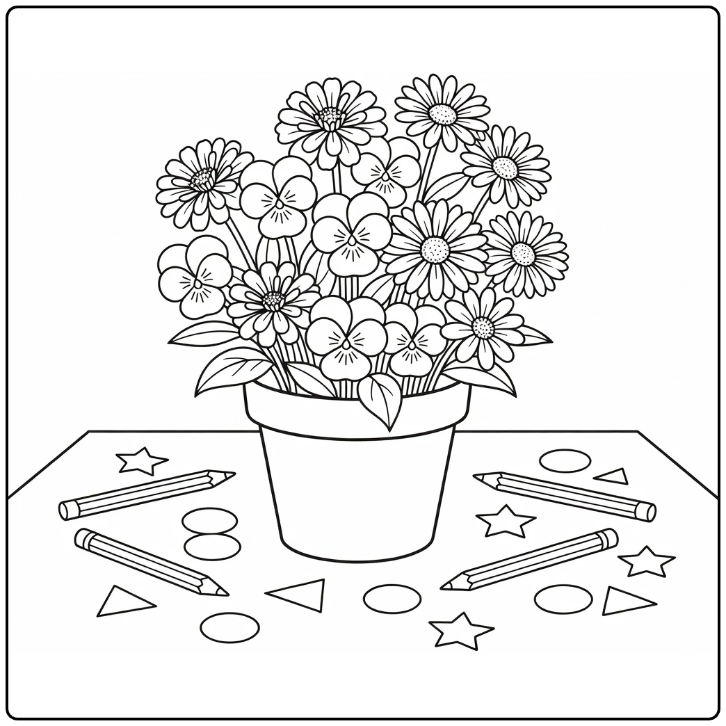 Flower pot coloring page showing zinnias, pansies, and daisies on a table