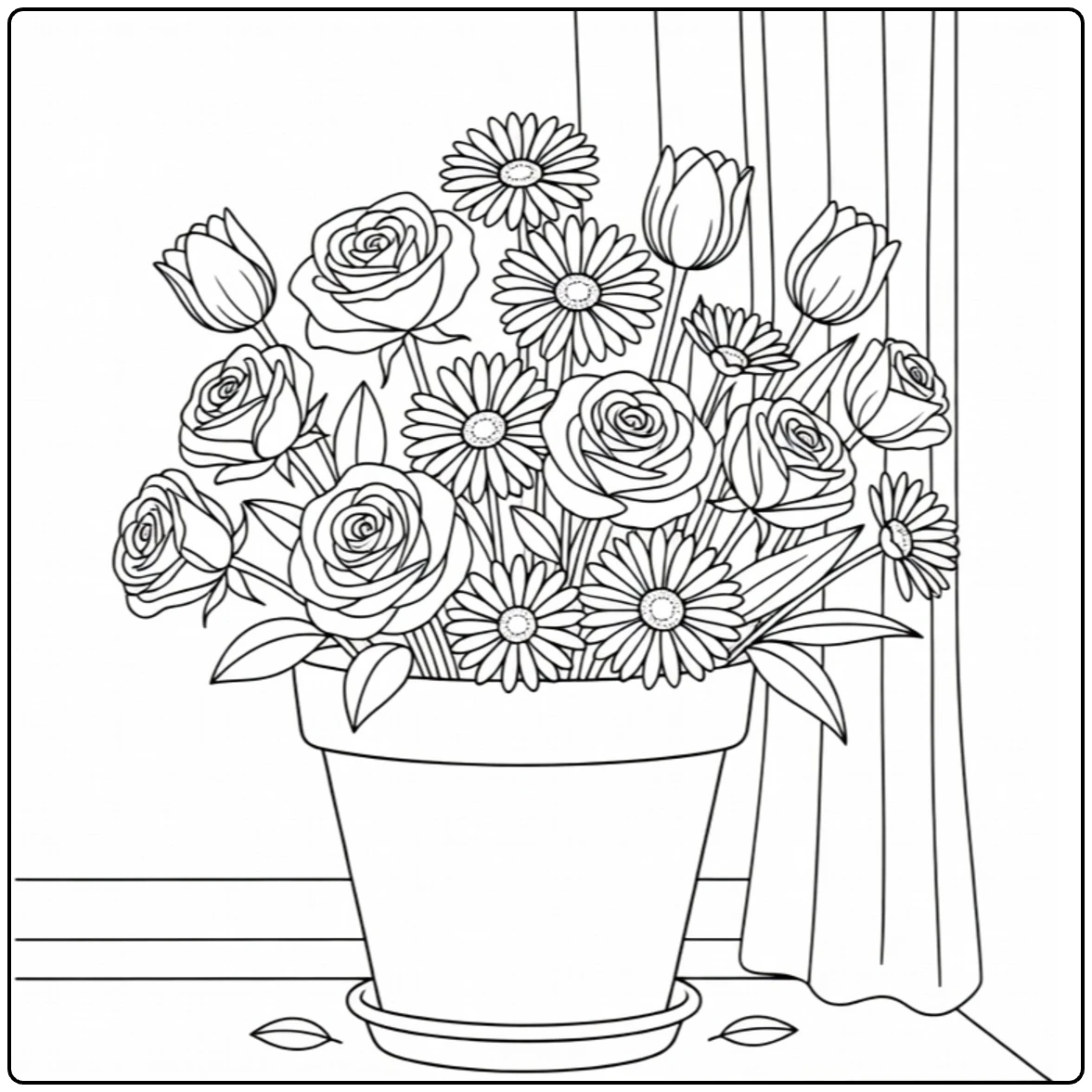 Flower pot coloring page featuring roses and tulips on a windowsill