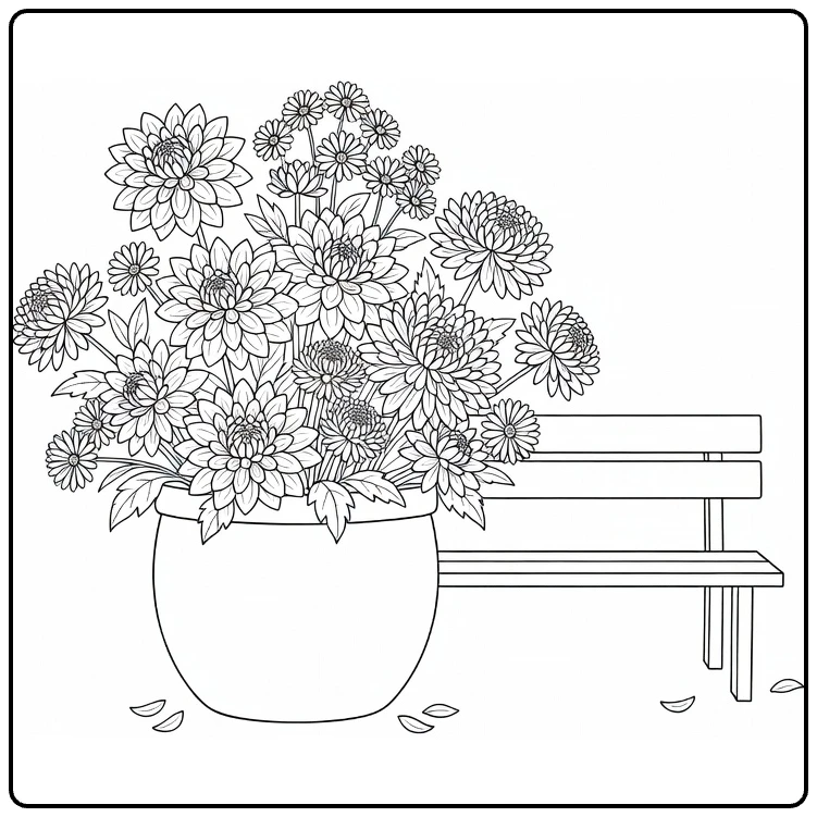 Flower pot coloring page showing dahlias and asters near a garden bench