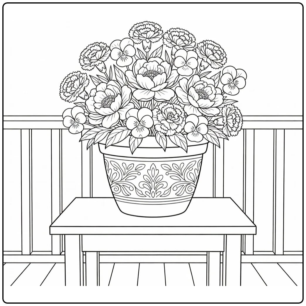 Flower pot coloring page showing flowers on a porch table