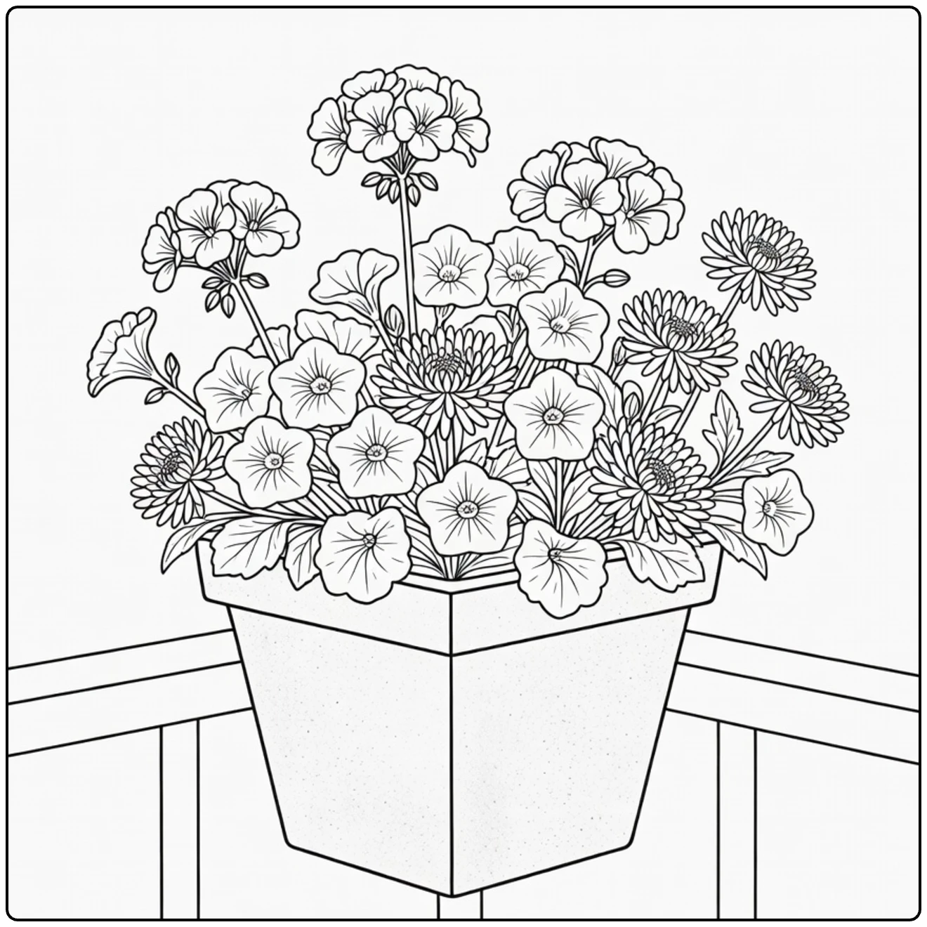 Flower pot coloring page showing a square pot with geraniums on a balcony
