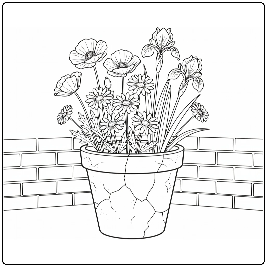 Flower pot coloring page featuring a cracked pot of flowers in a garden
