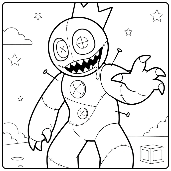 Blue Rainbow Friends coloring page featuring a spooky stitched monster