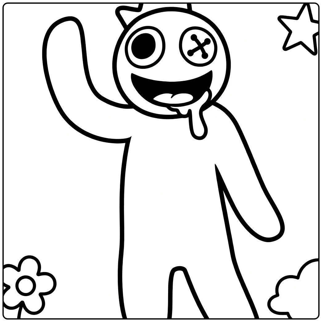 Blue Rainbow Friends coloring page featuring the monster waving