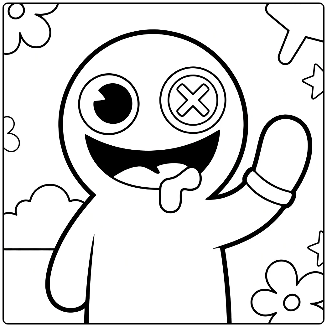 Blue Rainbow Friends coloring page showing the monster waving among flowers