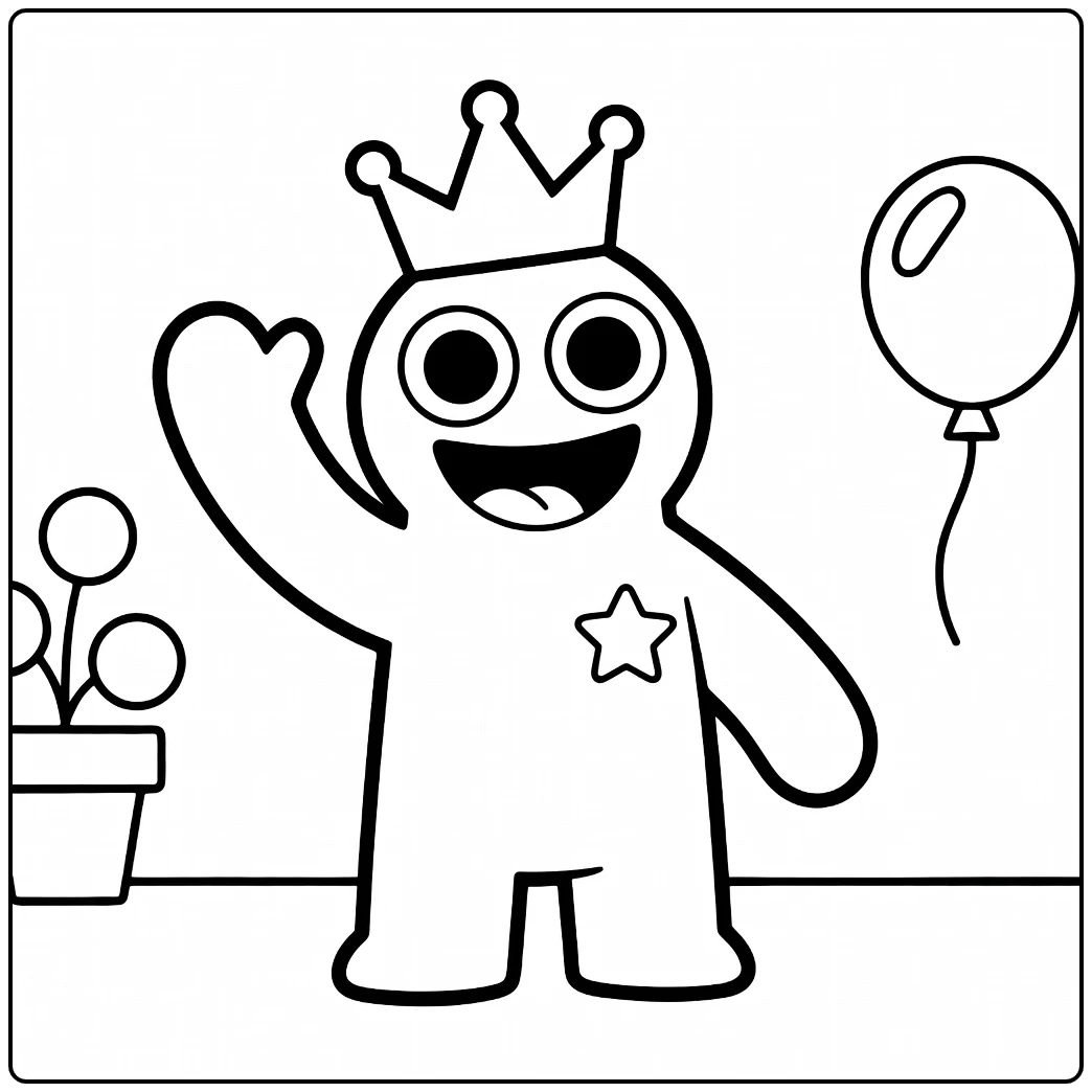 Blue Rainbow Friends coloring page featuring a crown and balloon