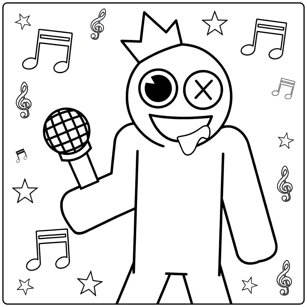 Blue Rainbow Friends coloring page showing the monster singing