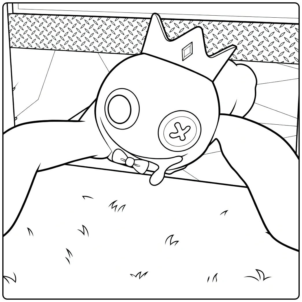Blue Rainbow Friends coloring page featuring a playful overhead scene