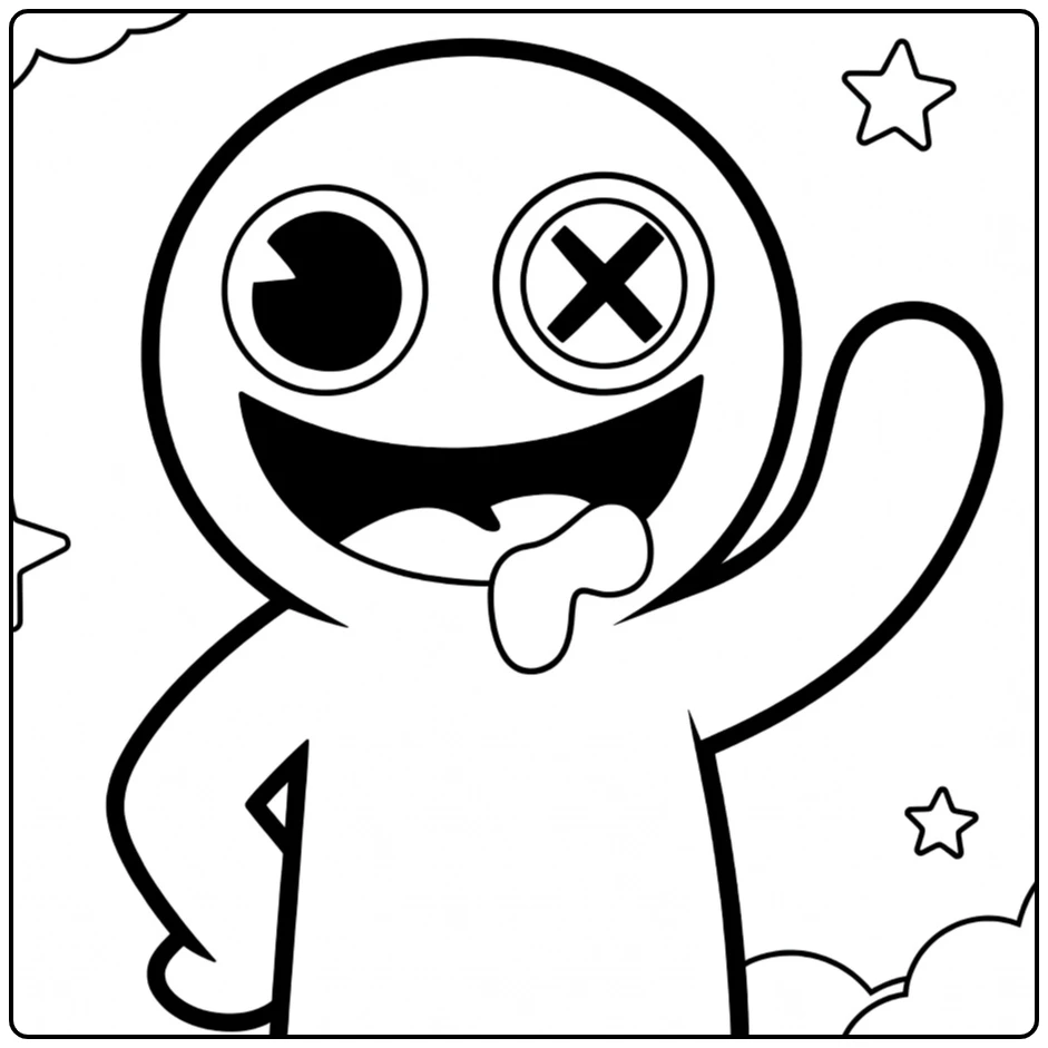 Blue Rainbow Friends coloring page showing a cheerful crowned monster