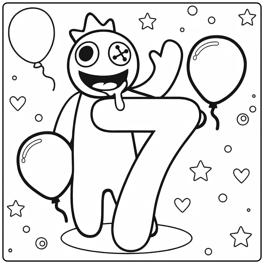 Blue Rainbow Friends coloring page showing balloons and a large number seven