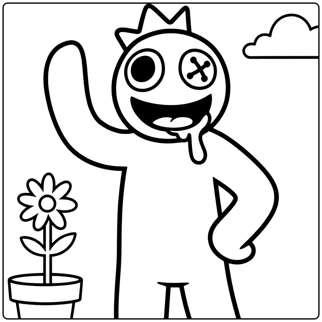 Blue Rainbow Friends coloring page featuring the crowned monster waving