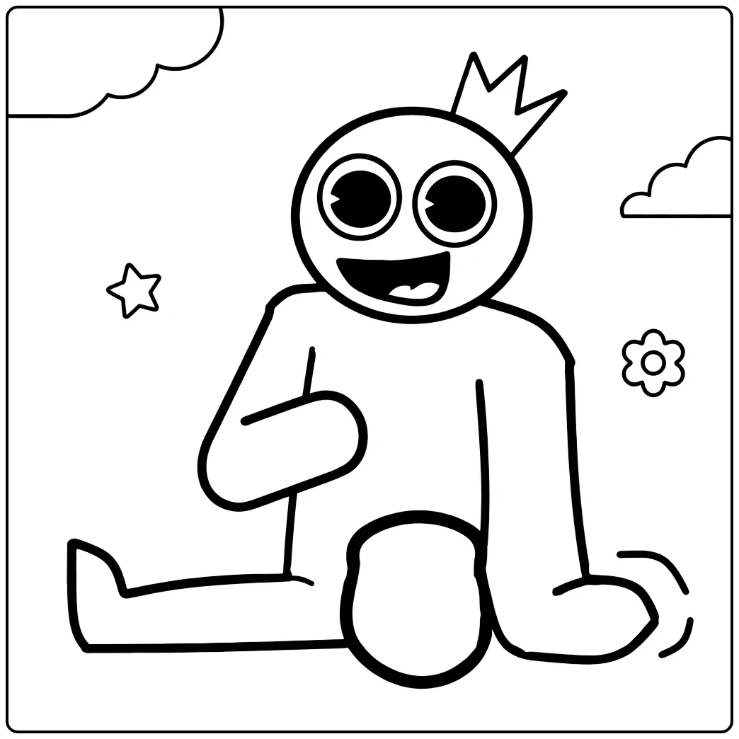 Blue Rainbow Friends coloring page featuring the crowned monster sitting