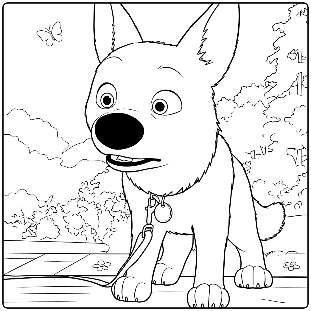 bolt Happy Hond with Riem and Bomen coloring page