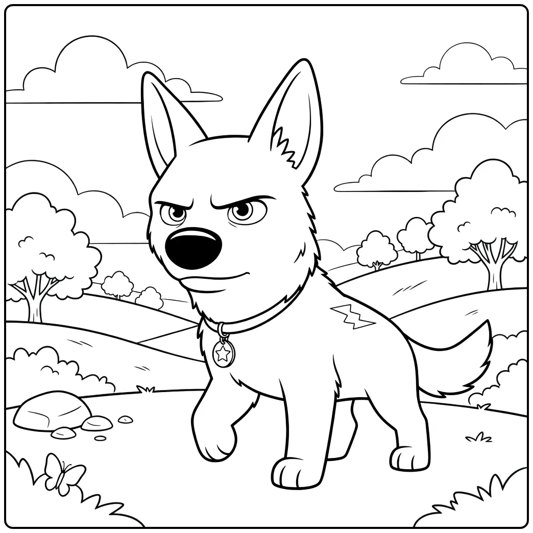 Bolt coloring page of a dog with lightning in nature