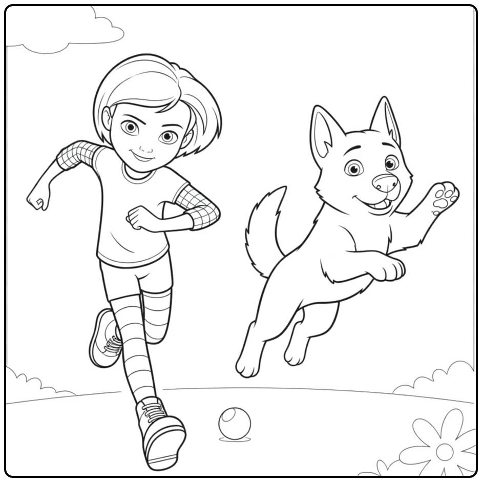 bolt coloring page of meisje and hond in action