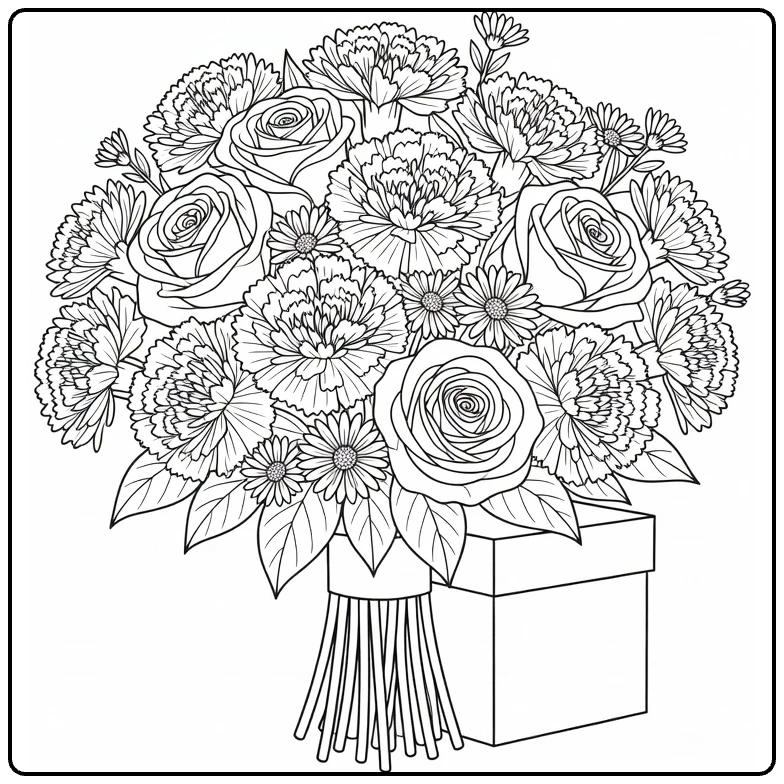 Birthday flower bouquet coloring page with roses and a gift box